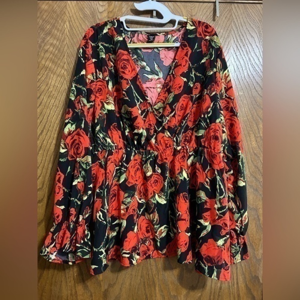 SHEIN 3X floral flounce sleeve peplum hem blouse